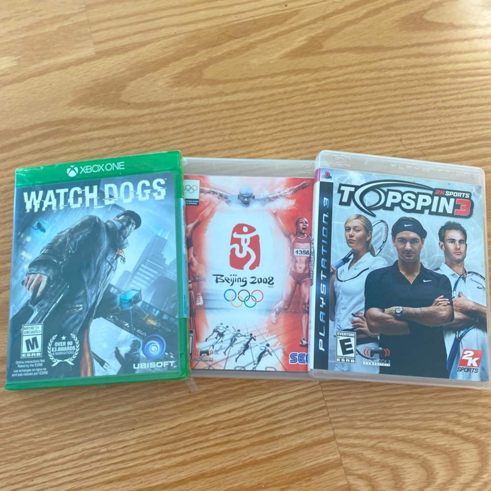 XBOX ONE Watch Dogs Beijing 2008 PlayStation 3 Topspin 2K Sports Video Games Lot